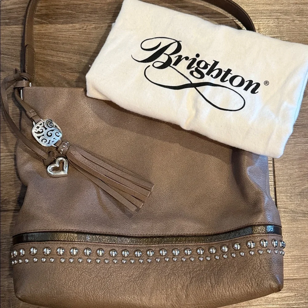 Brighton Taupe Leather Hobo Studded Shoulder Bag